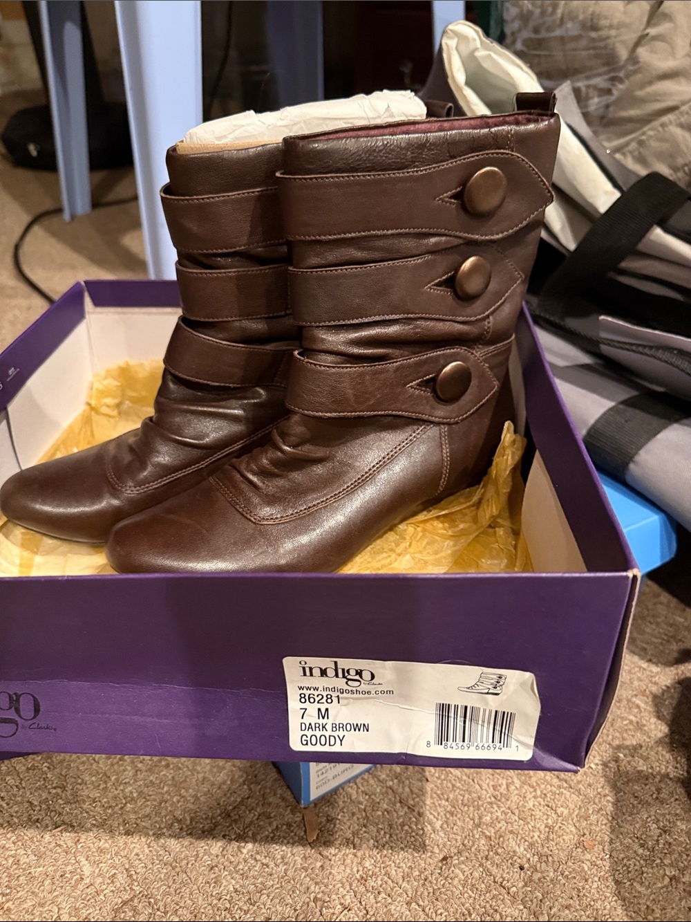 Indigo Dark Brown Mid-Calf Button-Strap Heeled Boots